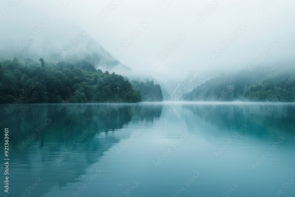 Fototapeta premium A body of water enveloped by trees with mist floating above its surface, Mist dancing above the glassy surface of a tranquil lake