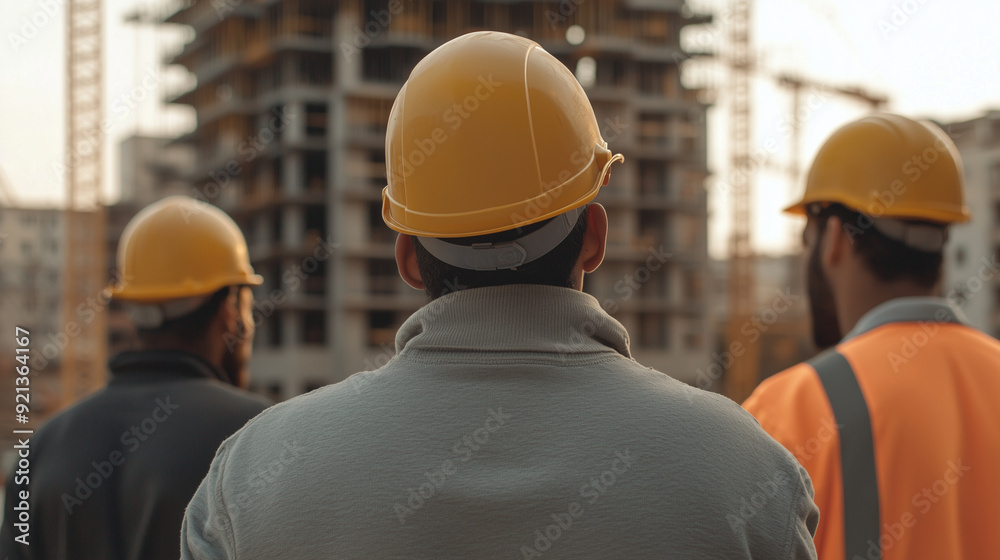 Back view of construction workers wearing hardhats, standing in front of an active construction site. Perfect for illustrating teamwork and industrial labor. Photo Back view of construction workers wearing hardhats, standing in front of an active construction site. Perfect for illustrating teamwork and industrial labor. Photo