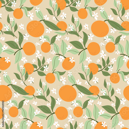 Fun, cute, seamless vector pattern of oranges, leaves and flowers for a tropical, fresh mood. Great for home decor, gift wrapping paper, scarves, clothing, unisex accessories, babies and more