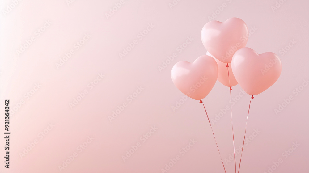 Three pink heart-shaped balloons floating in front of a soft pink wall, offering ample negative space for copy, perfect for romantic or celebratory themes. Photo Three pink heart-shaped balloons floating in front of a soft pink wall, offering ample negative space for copy, perfect for romantic or celebratory themes. Photo