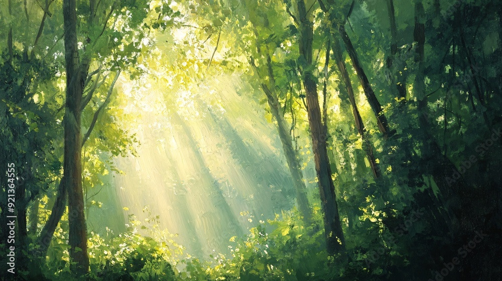 dense forest with rays of sunlight, through the canopy, creating an enchanting and magical, trees, shades of green and brown, their leaves rustling, front is a clearing where vibrant flowers