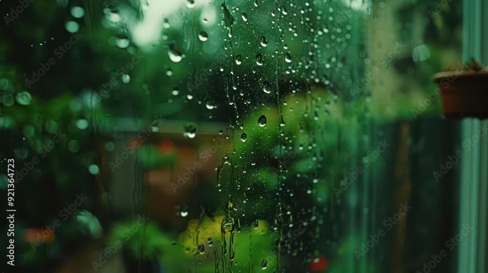 Raindrops on window with blurry greenery background nature and moisture in focused photography Raindrops on window with blurry greenery background nature and moisture in focused photography