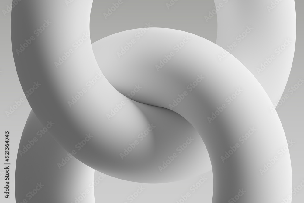 Sculptural white loops interconnected against a smooth grey background, creating a minimalist aesthetic