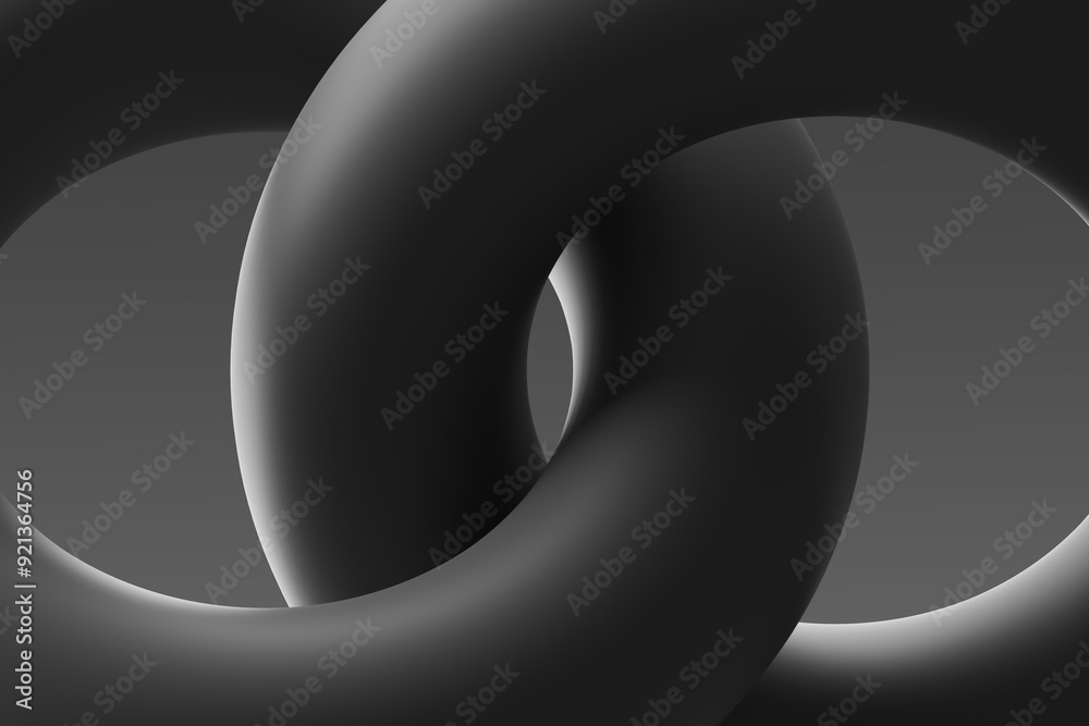 Abstract black rings interlocking against a gray background, showcasing smooth curves and a minimalist design