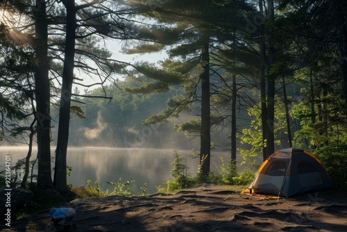 A tent is set up on a rock near a peaceful lake, with misty morning light filtering through the trees, Misty morning light filtering through the trees at a campsite