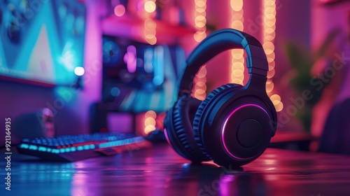 Modern gaming setup with rgb headphones, keyboard, and neon lighting in a stylish room