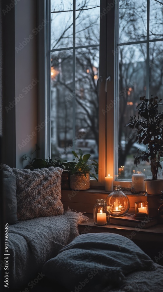 Cozy nook with candles and pillows by a large window on a winter evening Cozy nook with candles and pillows by a large window on a winter evening