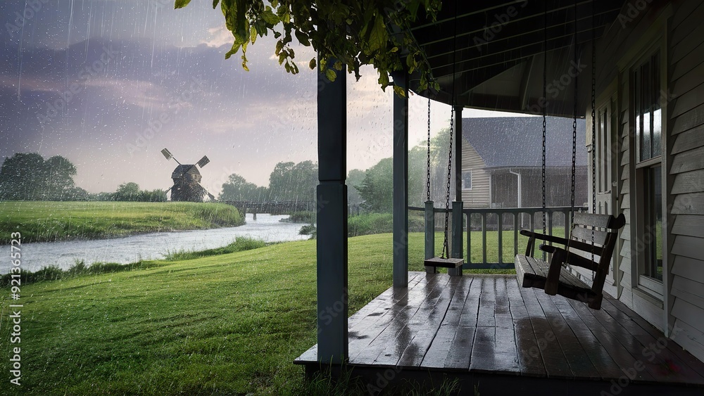Fototapeta premium An old wooden pavilion in a lush green forest, with a Hanging Swing, and warm light filtering through the trees. The pavilion is set near a river in the jungle.