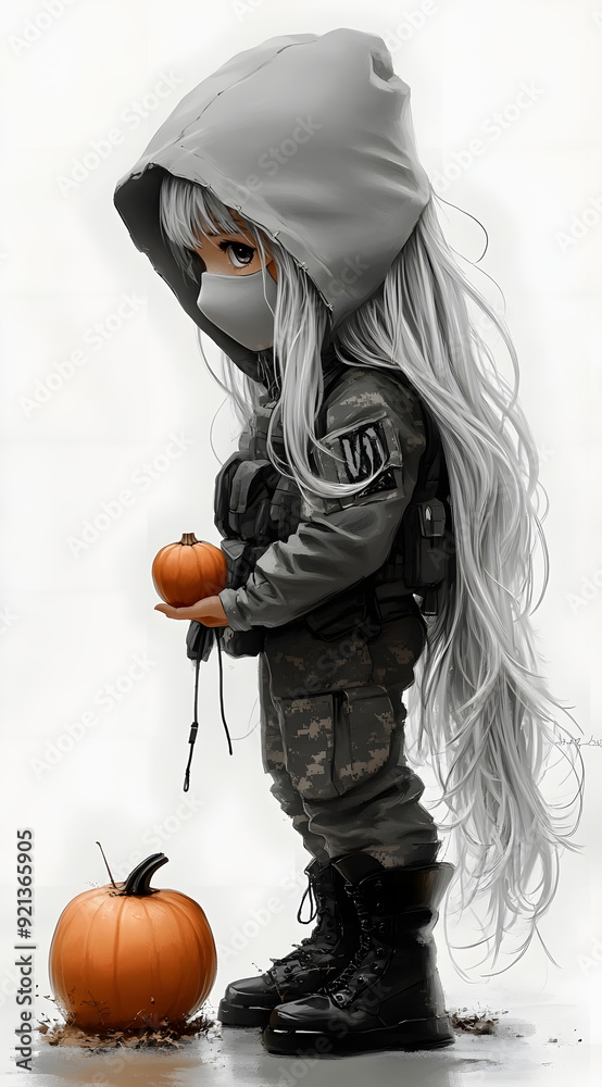 Cute Chibi Long Hair Girl Holding Pumpkins Cute Chibi Long Hair Girl Holding Pumpkins