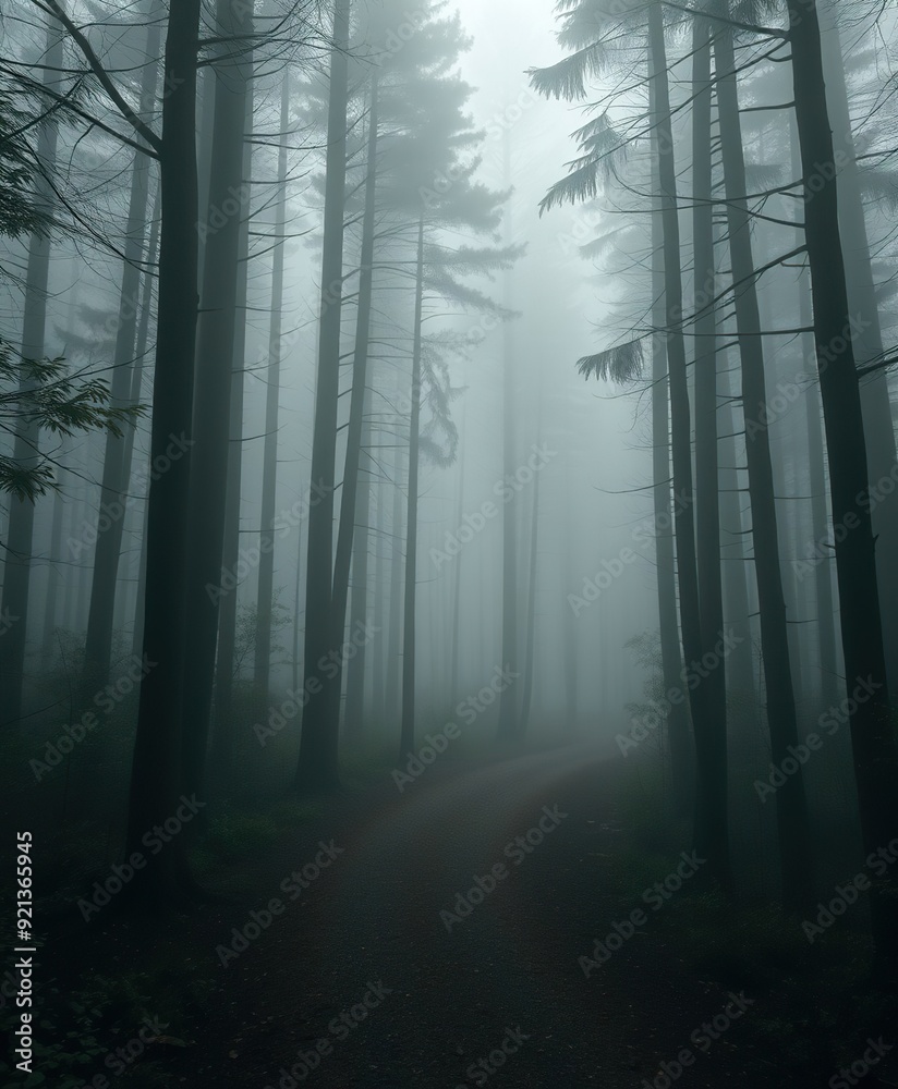 Fototapeta premium Deserted path in a forest covered in fog