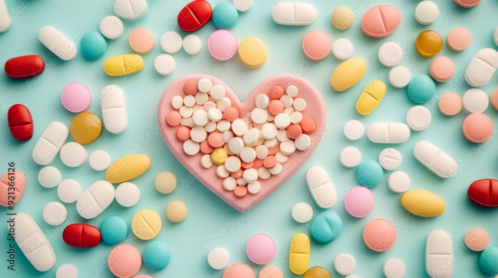 Heart-shaped container filled with assorted pills on a light turquoise background Heart-shaped container filled with assorted pills on a light turquoise background