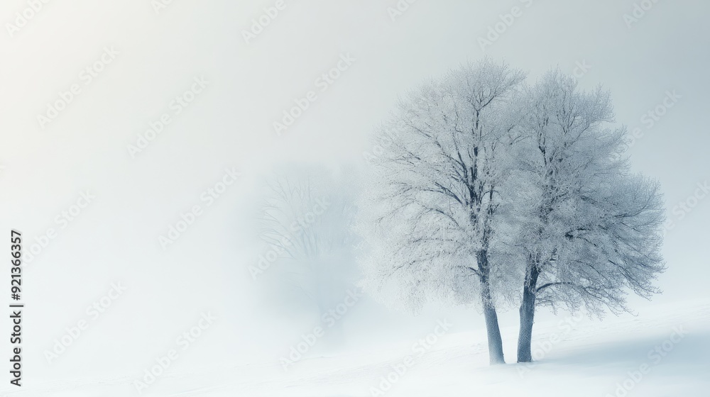 Frost-covered trees in a misty winter landscape Frost-covered trees in a misty winter landscape