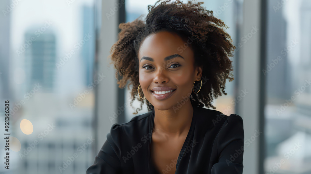 Confident business woman smiling in modern office setting with urban skyline view.African American business woman Confident business woman smiling in modern office setting with urban skyline view.African American business woman