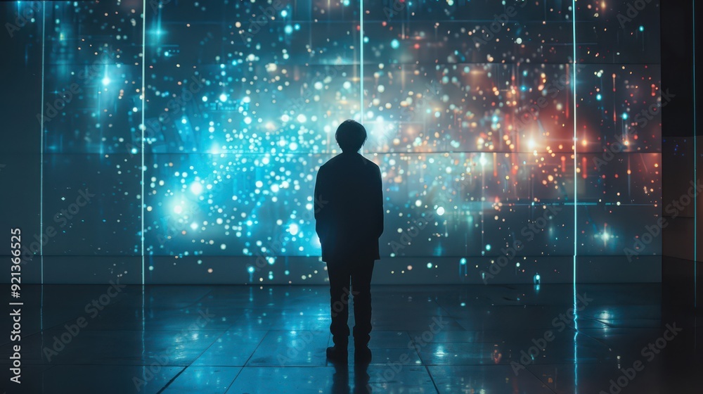 Silhouette of person in front of futuristic digital art display with sparkling led lights Silhouette of person in front of futuristic digital art display with sparkling led lights