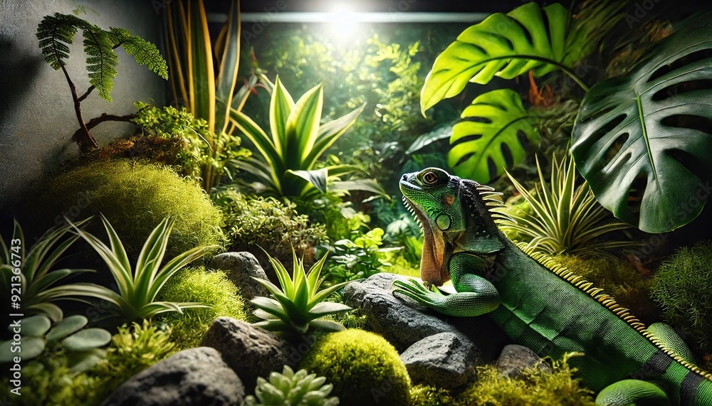 Obraz premium Green Iguana sunbathing on a rock in a terrarium (4)