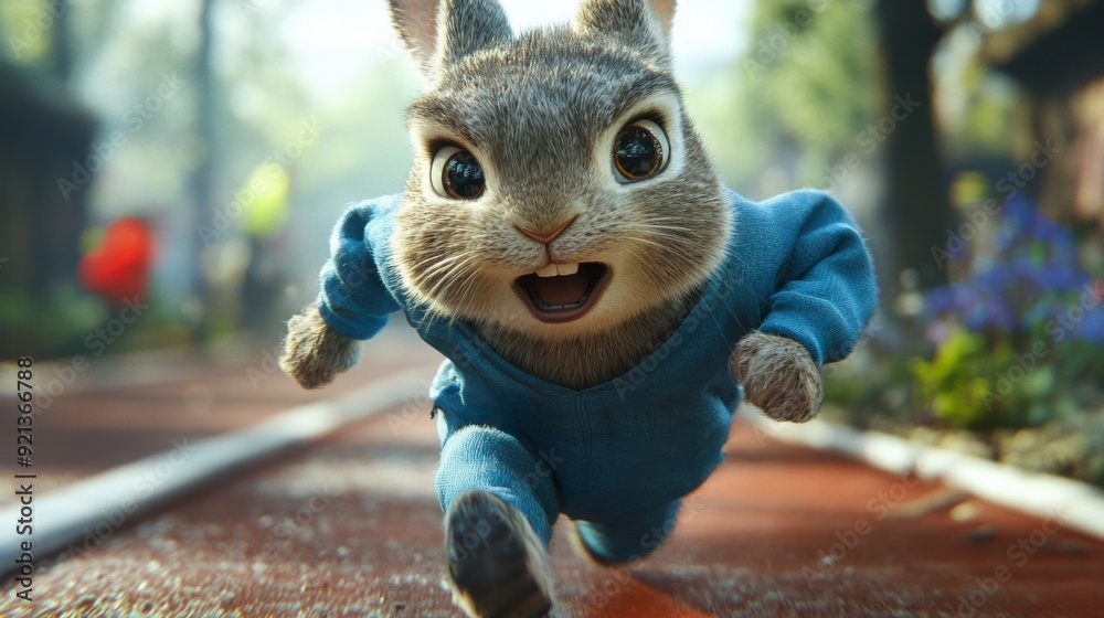 Adorable Animated Bunny Running on Forest Track in Blue Outfit
