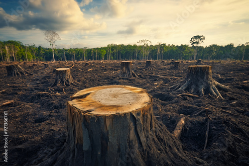 Deforested landscape reveals stumps against a dusky sky in a once-thriving woodland photo