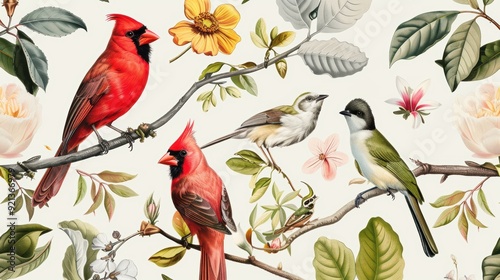 Four types of birds rest on branches adorned with lush flowers and leaves, showcasing a lively natural composition