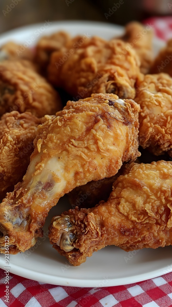 A plate of golden-brown, deep-fried chicken pieces on red and white checkered tablecloth. The skin is crispy with an attractive sheen A plate of golden-brown, deep-fried chicken pieces on red and white checkered tablecloth. The skin is crispy with an attractive sheen
