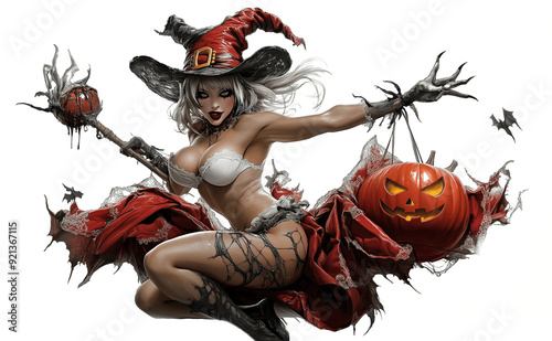 Seductive witch in a revealing costume holding a jack-o'-lantern in a dynamic Halloween pose.