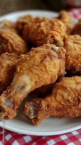 A plate of golden-brown, deep-fried chicken pieces on red and white checkered tablecloth. The skin is crispy with an attractive sheen