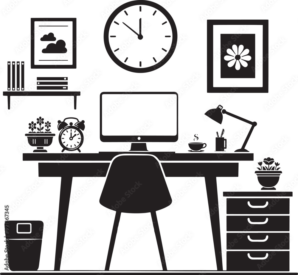 Modern computer office desk setup silhouette vector art illustration