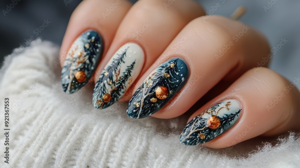 Close-up of winter-themed nail art with intricate design on cozy knitted background