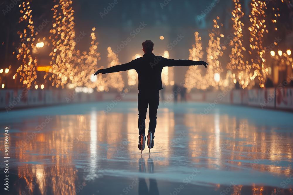 Fototapeta premium A young man performing elegant figure skating under twinkling lights at a winter rink