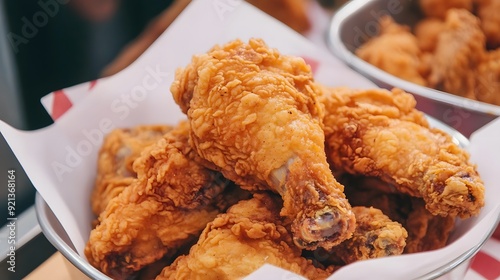 A plate of golden-brown, deep-fried chicken pieces on red and white checkered tablecloth. The skin is crispy with an attractive sheen