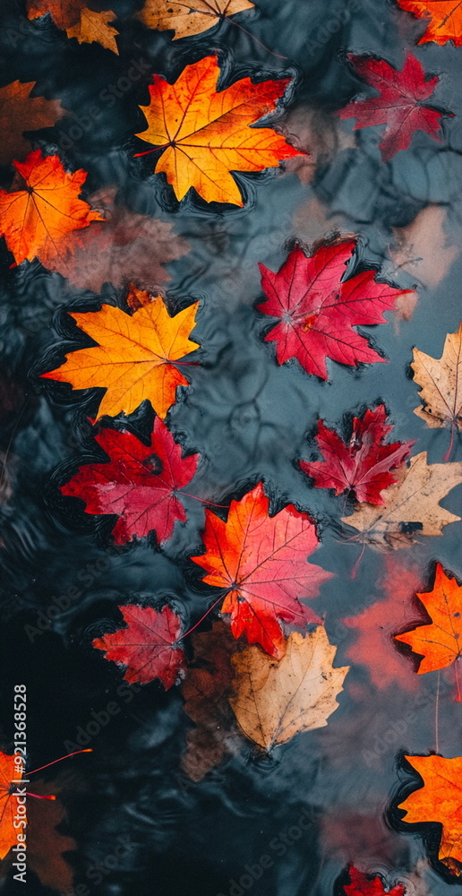 Meditative autumn scene with some leaves floating on reflective water, capturing a moment of natural stillness. Meditative autumn scene with some leaves floating on reflective water, capturing a moment of natural stillness.