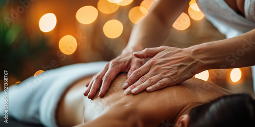 Close-up of a woman receiving a back massage at a spa, warm lighting and candles in the background