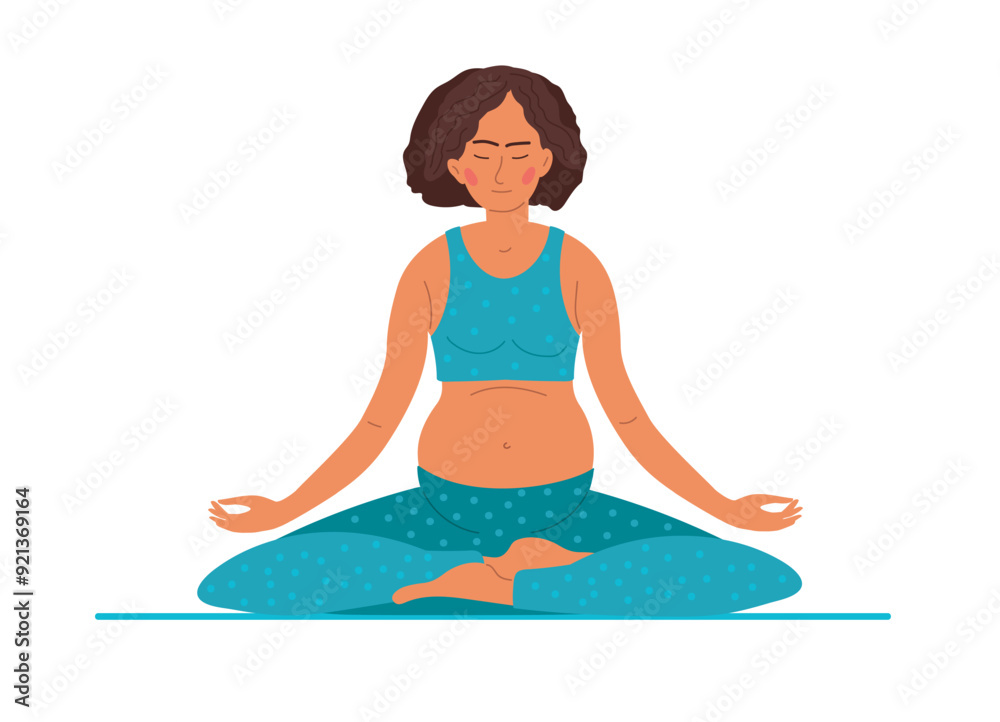 Fototapeta premium Pregnant woman meditates in lotus position. Woman in sportswear does yoga. Lady enjoys pregnancy. Preparation for childbirth, yoga for pregnant women. Healthy life style and health care concept.