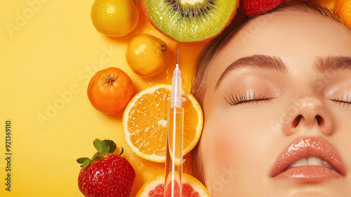 IV vitamin therapy Close-up of a woman's face surrounded by fresh fruits like kiwi, strawberry, and orange, symbolizing natural beauty and skincare. photo