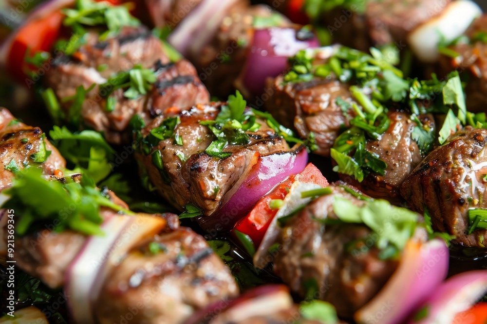 A close-up view of a plate with mouthwatering beef kebabs topped with a garnish of fresh vegetables, Mouthwatering beef kebabs topped with a garnish of fresh herbs A close-up view of a plate with mouthwatering beef kebabs topped with a garnish of fresh vegetables, Mouthwatering beef kebabs topped with a garnish of fresh herbs
