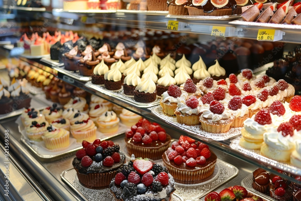 A display case showcasing a variety of mouthwatering cupcakes and pastries, Mouthwatering desserts and pastries on display A display case showcasing a variety of mouthwatering cupcakes and pastries, Mouthwatering desserts and pastries on display