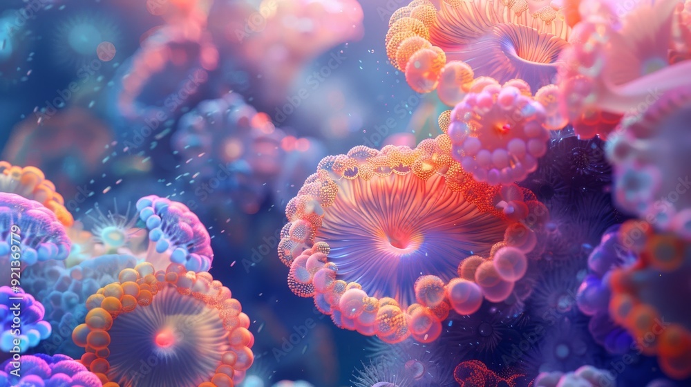 Prismatic Coral Explosions: Explosions of coral shapes rendered with prismatic colors, creating a dynamic and colorful sea scene. Prismatic Coral Explosions: Explosions of coral shapes rendered with prismatic colors, creating a dynamic and colorful sea scene.