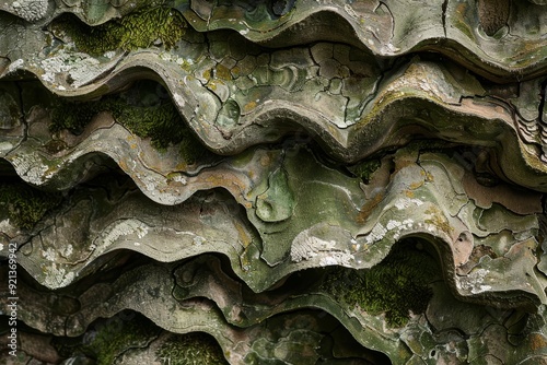 Detailed view of tree trunk covered in vibrant green moss, Multilayered textures creating depth and dimension photo