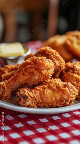 A plate of golden-brown, deep-fried chicken pieces on red and white checkered tablecloth. The skin is crispy with an attractive sheen
