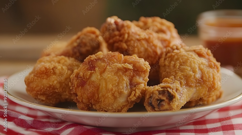A plate of golden-brown, deep-fried chicken pieces on red and white checkered tablecloth. The skin is crispy with an attractive sheen A plate of golden-brown, deep-fried chicken pieces on red and white checkered tablecloth. The skin is crispy with an attractive sheen