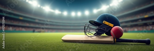 A close-up of cricket equipment including a bat, ball, and helmet set against a vibrant stadium backdrop, perfect for sports promotions and cricket-related content.