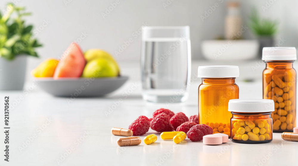 Nutritional supplements on a modern kitchen table, with bottles and jars of vitamins and protein powders, the background includes a glass of water and a bowl of fresh fruit, creati Nutritional supplements on a modern kitchen table, with bottles and jars of vitamins and protein powders, the background includes a glass of water and a bowl of fresh fruit, creati