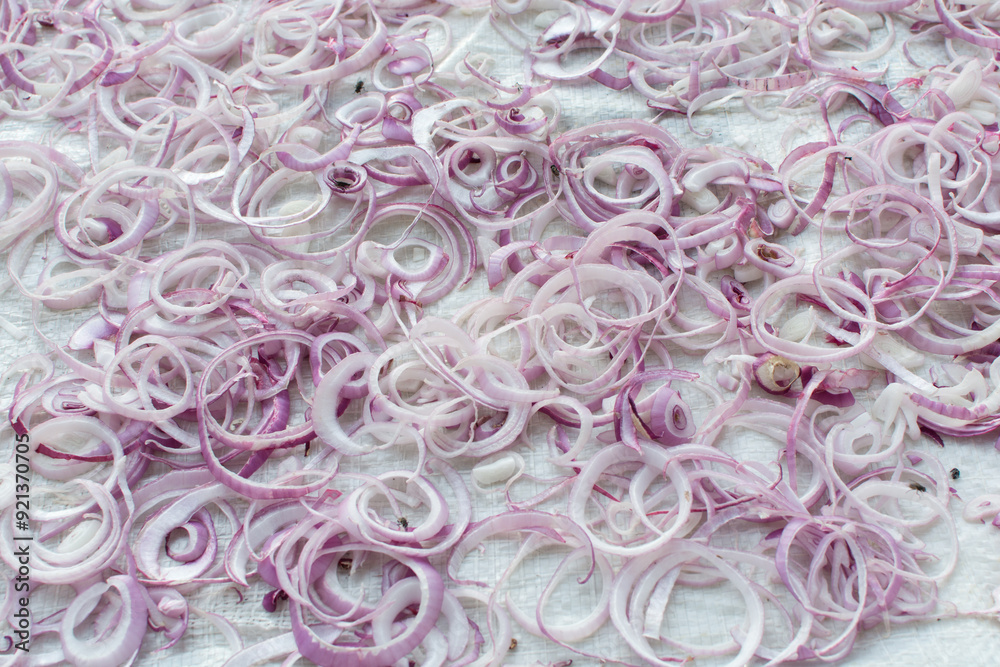 slices of red onions drying on a white sack, purple onion slices being dried on a sack, process of making dried onions slices of red onions drying on a white sack, purple onion slices being dried on a sack, process of making dried onions