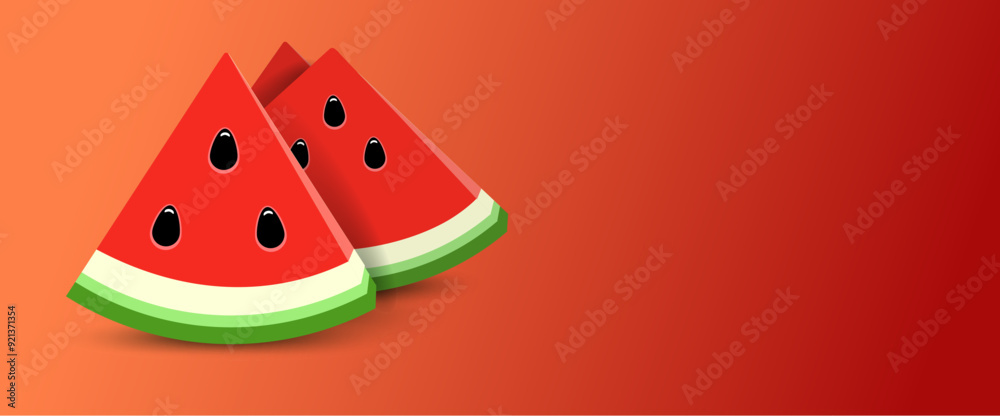 Half a watermelon and juicy slices with seeds, isolated on a red background. Realistic illustration of triangular watermelon slices. Vector piece watermelon. Half a watermelon and juicy slices with seeds, isolated on a red background. Realistic illustration of triangular watermelon slices. Vector piece watermelon.