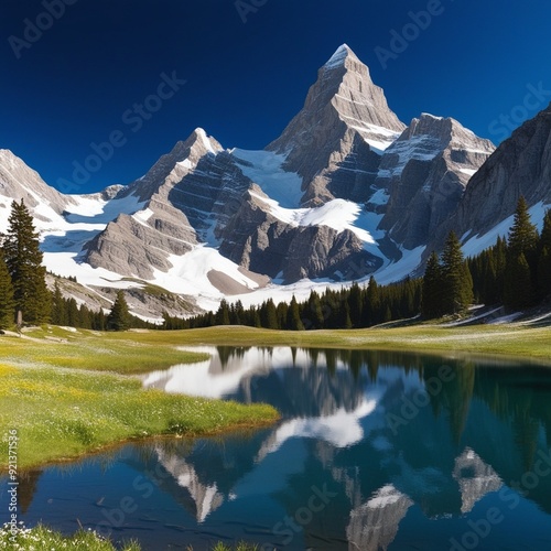 "Majestic Snow-Capped Peaks Reflected in a Tranquil Alpine Lake, Surrounded by Blooming Wildflowers and Pine Trees Under a Clear Blue Sky"