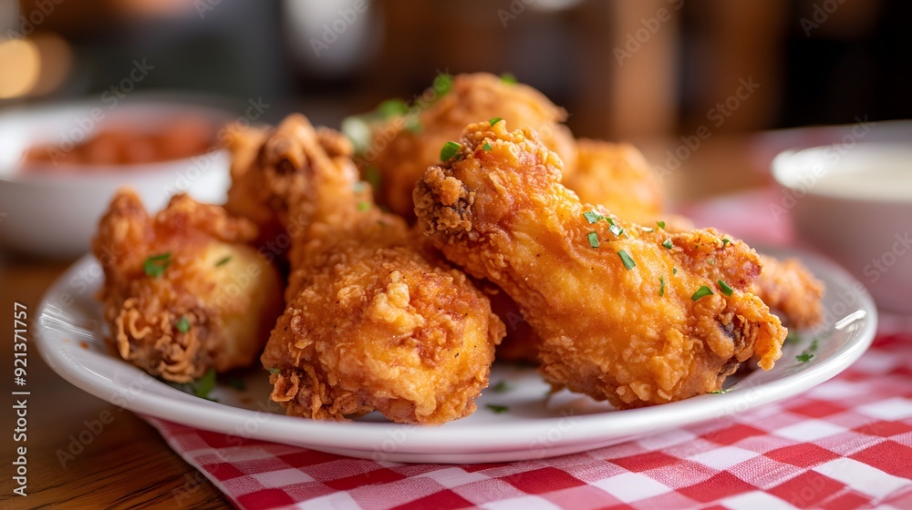 A plate of golden-brown, deep-fried chicken pieces on red and white checkered tablecloth. The skin is crispy with an attractive sheen A plate of golden-brown, deep-fried chicken pieces on red and white checkered tablecloth. The skin is crispy with an attractive sheen