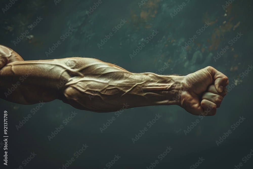 Muscular arm covered entirely in shiny gold paint, Muscular arm lifting a heavy object Muscular arm covered entirely in shiny gold paint, Muscular arm lifting a heavy object