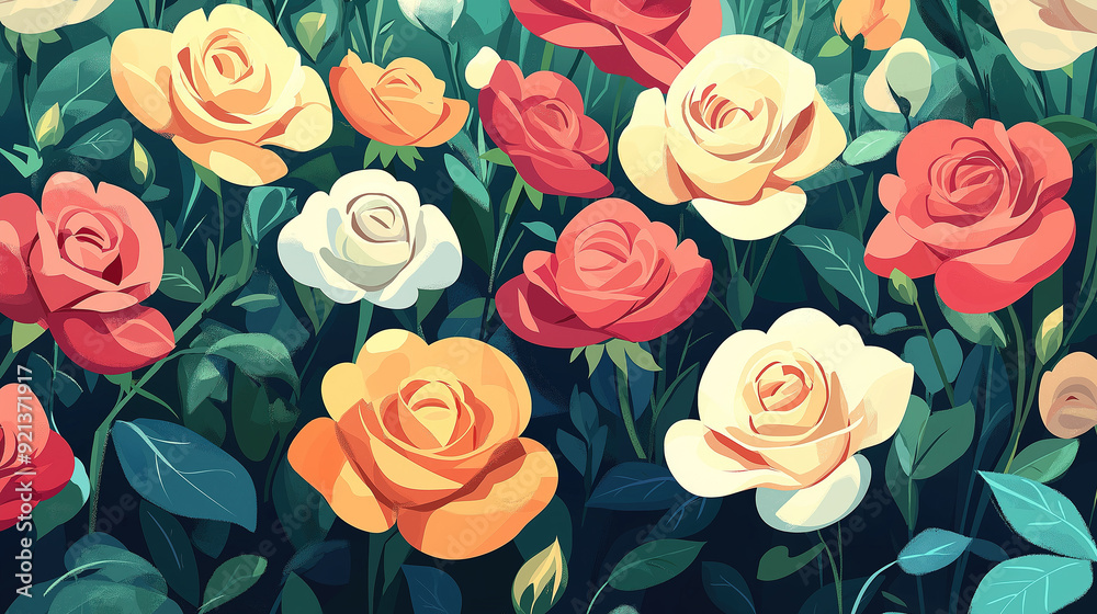 Beautiful Roses in a Field, Rendered in Bright and Playful Cartoon Anime Art with Rich Colors, Perfect for Springtime Invitations or Floral Decor Beautiful Roses in a Field, Rendered in Bright and Playful Cartoon Anime Art with Rich Colors, Perfect for Springtime Invitations or Floral Decor