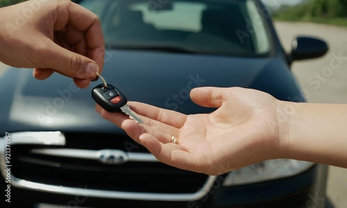 Buy second-hand auto or rent a car concept, Close-up hand of used car agent giving an auto key to client offer vehicle automobile loan drive