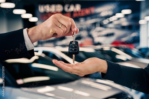 Buy second-hand auto or rent a car concept, Close-up hand of used car agent giving an auto key to client offer vehicle automobile loan drive service owner.