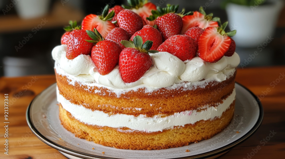 A homemade cake topped with fresh strawberries and a dollop of whipped cream. The cake’s soft, moist layers are beautifully complemented by the vibrant strawberries and the light, airy whipped cream, A homemade cake topped with fresh strawberries and a dollop of whipped cream. The cake’s soft, moist layers are beautifully complemented by the vibrant strawberries and the light, airy whipped cream,